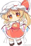  1girl ascot back_bow bangs blonde_hair blush bow chibi claw_pose commentary_request crystal eyebrows_visible_through_hair flandre_scarlet frilled_shirt_collar frilled_skirt frilled_sleeves frills hat hat_ribbon highres medium_hair mob_cap one_side_up puffy_short_sleeves puffy_sleeves ramudia_(lamyun) red_bow red_eyes red_ribbon red_skirt red_vest ribbon shirt short_sleeves simple_background skirt skirt_set solo touhou vest white_background white_bow white_shirt wings wrist_cuffs yellow_ascot 