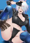  1girl angel_(kof) arm_support artist_name bangs black_jacket black_panties blue_background blue_eyes breasts butcha-u chaps commentary_request cropped_jacket fingerless_gloves gloves hair_over_one_eye highres jacket large_breasts leather leather_jacket lips navel open_mouth panties shiny shiny_skin short_hair signature solo stomach teeth the_king_of_fighters thighs underwear white_hair 