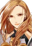  1girl armor artist_name blonde_hair bodysuit brown_eyes brown_hair clothing_cutout commentary_request dangle_earrings earrings highres jewelry kisara_(tales) lips long_hair looking_at_viewer p_aya_k shoulder_armor simple_background smile solo tales_of_(series) tales_of_arise upper_body white_background 