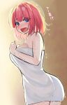  1girl absurdres after_bathing ass bangs blue_eyes blunt_bangs blush breasts from_behind go-toubun_no_hanayome hand_on_own_chest highres kurosaki_coco large_breasts looking_at_viewer looking_back nakano_nino naked_towel open_mouth pink_hair shouting surprised towel wet wet_hair 
