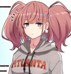  1girl absurdres atlanta_(kancolle) blush_stickers brown_hair character_name closed_mouth clothes_writing earrings eyebrows_visible_through_hair grey_eyes grey_hoodie hair_between_eyes highres hood hoodie ido_(teketeke) jewelry kantai_collection long_hair single_earring solo star_(symbol) star_earrings two_side_up upper_body 