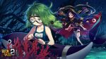  2girls artist_request bad_link bangs benghuai_xueyuan black_cape blue_hair blue_swimsuit cape closed_mouth coral coral_reef diving_mask dolphin evil_smile freediving goggles green_eyes green_hair highres holding honkai_(series) jyahnar_(benghuai_xueyuan) multiple_girls official_art one-piece_swimsuit red_eyes side_ponytail smile swimming swimsuit tentacle_hair underwater yssring_leavtruth 