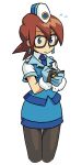  1girl blue_eyes brown_hair closed_mouth denise_marmalade_(mega_man) dress earrings glasses gloves hat jewelry mega_man_(series) mega_man_legends muu_(mumumer) necktie pantyhose police police_uniform short_hair simple_background skirt solo the_misadventures_of_tron_bonne uniform white_background white_gloves 