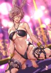  1girl animal_ears ass_visible_through_thighs avatar_(ffxiv) bangs bare_shoulders barefoot bikini blue_eyes blurry blurry_background bracelet braid breasts collarbone dutch_angle final_fantasy final_fantasy_xiv fingernails full_body glasses groin halterneck head_tilt highres indoors jewelry large_breasts light_smile lips looking_at_viewer medium_hair navel parted_bangs parted_lips pink_hair rabbit_ears semi-rimless_eyewear side_braid skindentation solo spread_legs squatting stage stage_lights stomach swimsuit toes udongo99 under-rim_eyewear viera 