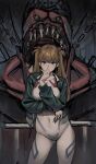  1girl ass_visible_through_thighs blue_eyes breasts brown_hair choisd4516 commentary_request contrapposto covered_navel crossed_arms eva_02 evangelion:_3.0+1.0_thrice_upon_a_time green_jacket hand_on_own_chin highres interface_headset jacket korean_commentary looking_at_viewer mecha medium_breasts neon_genesis_evangelion plugsuit rebuild_of_evangelion shaded_face skin_tight solo souryuu_asuka_langley two_side_up 