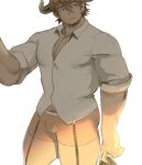  1boy arbbun bara barawa boxers brown_eyes bulge commentary_request draph facial_hair feet_out_of_frame goatee granblue_fantasy highres horns large_pectorals male_focus male_underwear mature_male muscular muscular_male navel_hair no_pants orange_male_underwear partially_unbuttoned pectoral_cleavage pectorals pointy_ears shirt short_hair sideburns sleeves_rolled_up solo suspenders thick_thighs thighs underwear white_background white_shirt 