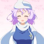  1girl :d ^_^ bangs breasts cato_(monocatienus) closed_eyes commentary_request dress eyebrows_visible_through_hair facing_viewer hair_between_eyes hat highres letty_whiterock long_sleeves medium_breasts open_mouth smile solo touhou white_headwear white_sleeves 