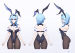  1girl absurdres animal_ears ass ass_visible_through_thighs bare_shoulders black_leotard blue_hair breasts chamuhz chinese_commentary cleavage covered_navel detached_collar detached_sleeves eula_(genshin_impact) expressionless eyebrows_visible_through_hair fake_animal_ears gem genshin_impact hair_between_eyes highleg highleg_leotard highres jewelry leotard medium_hair multicolored_eyes pantyhose playboy_bunny puffy_short_sleeves puffy_sleeves purple_eyes short_sleeves signature simple_background solo_focus split_mouth thighs white_background yellow_eyes 