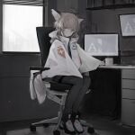  1girl absurdres ahoge animal_ears arknights black_legwear blue_eyes blue_shirt brown_hair chair computer cup desk fox_ears fox_tail full_body grey_theme highres holding holding_cup id_card indoors jacket looking_at_viewer monitor mug office_chair open_clothes open_jacket pantyhose rhodes_island_logo shirt short_hair sitting solo sussurro_(arknights) tail tou_toutou white_jacket window 