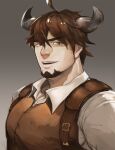  1boy arbbun backpack bag bara barawa collared_shirt commentary_request draph granblue_fantasy highres horns large_pectorals leather male_focus mature_male muscular muscular_male pectorals portrait shirt short_hair smile solo upper_body 