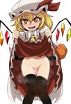  1girl blush clothes_lift epic_armageddon flandre_scarlet foreskin futanari highres lifted_by_self open_mouth penis phimosis short_hair skirt skirt_lift smile solo thighhighs touhou 