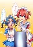  apron black_hair blue_eyes blush cooking crossdressing curry eyebrows_visible_through_hair food gridman_universe hibiki_yuuta highres maid maid_apron maid_headdress mengnaidu namesake open_mouth plate pot red_hair ribbon short_hair smile ssss.gridman super_robot_wars super_robot_wars_30 tomonaga_yuuta yuusha_keisatsu_j-decker yuusha_series 