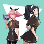  2girls barara_peol black_hair breasts cosplay gundam gundam_g_no_reconguista hair_ribbon kei-co long_hair looking_at_viewer manny_ambassada manny_ambassada_(cosplay) mask medium_hair multiple_girls necktie pantyhose pink_hair ribbon skirt smile 