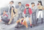  1980s_(style) 3girls 5boys absurdres adjusting_eyewear bangs black_hair blunt_bangs boots business_suit casual character_name copyright_name cropped_jacket crossed_arms earrings formal gotou_kiichi grin hand_on_own_knee hands_in_pockets hat head_rest highres hood hoodie izumi_noa jacket jewelry kanuka_clancy kidou_keisatsu_patlabor knee_boots kumagami_takeo labcoat legs_apart long_hair long_sleeves looking_at_viewer multiple_boys multiple_girls necktie official_art oota_isao open_clothes open_jacket painting_(medium) plaid plaid_scarf poster_(medium) red_hair red_headwear retro_artstyle scan scarf shinohara_asuma shinshi_mikiyasu short_hair shorts slacks smile squatting standing suit takada_akemi traditional_media watercolor_(medium) yamazaki_hiromi 