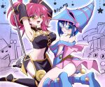  2girls ahoge armpits arms_up bare_shoulders blue_eyes blue_footwear blue_hair breasts chaya_mago choker cosplay dark_magician_girl dark_magician_girl_(cosplay) detached_sleeves duel_monster glasses green_eyes hat ki-sikil_(yu-gi-oh!) kuriboh large_breasts lil-la_(yu-gi-oh!) multiple_girls open_mouth pink_hair ponytail sevens_road_witch sevens_road_witch_(cosplay) short_hair sleeveless staff thighhighs witch_hat yu-gi-oh! yu-gi-oh!_duel_monsters yu-gi-oh!_sevens 