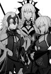  3girls absurdres ahoge artoria_pendragon_(fate) bare_shoulders braid breasts chain cleavage collarbone dress excalibur_morgan_(fate) eyebrows_visible_through_hair fate/grand_order fate/stay_night fate_(series) greyscale grin hair_over_eyes highres jeanne_d&#039;arc_(alter)_(fate) jeanne_d&#039;arc_(fate) long_hair monochrome morgan_le_fay_(fate) multiple_girls ryousuke_(tukr5384) saber_alter signature smile sword very_long_hair weapon white_background 