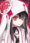  1girl bangs black_bodysuit black_hair bodysuit bodysuit_under_clothes cloak flower glowing glowing_eyes highres hood koori_chikage kutatsu_(kutatsu7) long_hair looking_at_viewer mouth nogi_wakaba_wa_yuusha_de_aru open_mouth red_eyes solo spider_lily stari yuusha_de_aru 