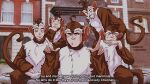  5boys ahoge animal_costume artist_name bloodhound_gang blurry blurry_background commentary dmitry_grozov english_text highres large_ears looking_at_viewer monkey_costume multiple_boys outdoors russian_commentary sitting smile tail 