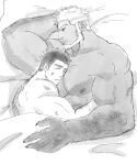  2boys aegir_(housamo) bara beard bed_sheet bruise couple facial_hair fingernails fins fish_boy fle0423 greyscale highres injury interracial large_pectorals lying male_focus master_3_(housamo) mature_male monochrome multiple_boys muscular muscular_male naked_sheet nipples on_bed on_side pectoral_pillow pectorals scales sharp_fingernails short_hair sketch sleeping sleeping_on_person tokyo_afterschool_summoners topless_male traditional_media upper_body yaoi 