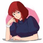  1980s_(style) 1girl breasts closed_mouth gaw_ha_leecee heavy_metal_l-gaim jewelry kei-co looking_at_viewer puffy_sleeves red_hair retro_artstyle short_hair simple_background solo 