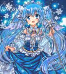  1girl bangs blue_bow blue_dress blue_eyes blue_hair blue_ribbon blue_theme blush bow breasts brooch buttons capelet center_frills cleavage collar crystal crystal_earrings detached_sleeves dot_nose dress dress_bow earrings eyebrows_visible_through_hair fireflies frilled_capelet frilled_dress frilled_sleeves frills hair_ornament hand_up hatsune_miku holding holding_wand jewelry long_hair looking_at_viewer marker_(medium) musical_note_hair_ornament necklace open_mouth pearl_(gemstone) ribbon rui_(sugar3) sample skirt_hold smile snowflakes solo strapless strapless_dress striped_sleeves tiara traditional_media twintails very_long_hair vocaloid wand white_capelet white_collar white_ribbon yuki_miku yuki_miku_(2019) 