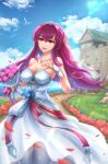  1girl bangs blue_sky blush breasts dress fate/grand_order fate_(series) hair_between_eyes large_breasts long_hair looking_at_viewer open_mouth purple_hair red_eyes scathach_(fate) sky skyde_kei smile solo thighs white_dress 