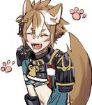  1boy animal_ears armor bangs brown_hair closed_eyes fangs fox_boy fox_ears fox_tail genshin_impact gorou_(genshin_impact) hair_between_eyes hair_ornament highres japanese_armor japanese_clothes male_focus multicolored_hair open_mouth paw_print poi_poifu simple_background solo streaked_hair tail upper_body white_background white_hair 