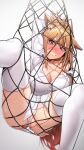  1girl absurdres animal_ear_fluff animal_ears ass bangs bare_shoulders blonde_hair blush breasts cleavage clenched_teeth commission crying crying_with_eyes_open fishing_net fox_ears fox_girl from_below hair_between_eyes highres kaiser_(myeonggihusband) large_breasts long_hair looking_at_viewer m_legs original panties red_eyes sd_bigpie shirt shy simple_background smile solo spread_legs sweat tears teeth thighhighs trapped underwear white_background white_legwear white_panties white_shirt 