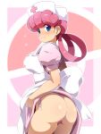 1girl apron ass bangs blue_eyes blush breasts closed_mouth clothes_lift commentary_request dress dress_lift eyelashes flying_sweatdrops from_behind hair_rings hat highres joy_(pokemon) konpeto lifted_by_self long_hair looking_back nurse_cap panties pink_dress pink_hair pokemon pokemon_(anime) pokemon_(classic_anime) shiny shiny_hair shiny_skin short_sleeves side-tie_panties smile solo underwear wedgie white_apron white_headwear 