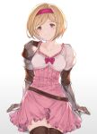 1girl absurdres arm_support armor bangs belt blonde_hair blush boots breasts collarbone commentary cowboy_shot djeeta_(granblue_fantasy) fighter_(granblue_fantasy) gauntlets gradient gradient_background granblue_fantasy hairband highres looking_at_viewer pink_hairband short_hair shoulder_armor sitting small_breasts smile solo split_mouth thigh_boots thighhighs wuming yellow_eyes zettai_ryouiki 