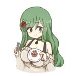  1girl bangs beige_sweater black_choker breasts choker cleavage cupcake english_commentary flower food fork green_hair hair_flower hair_ornament holding holding_fork holding_plate indie_virtual_youtuber koopa_fortuna koragi_(artist) large_breasts long_hair lowres off-shoulder_sweater off_shoulder plate red_flower red_rose rose smile solo sweater upper_body virtual_youtuber white_background 