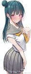  1girl absurdres artist_name bangs blouse blue_hair blunt_bangs blush commentary cowboy_shot grey_sailor_collar grey_skirt hair_bun hand_on_own_chest highres kawai_ritsu_(rits_meg) long_hair looking_at_viewer love_live! love_live!_sunshine!! neckerchief pleated_skirt red_eyes sailor_collar school_uniform serafuku short_sleeves simple_background skirt solo tsushima_yoshiko twitter_username uranohoshi_school_uniform white_background white_blouse yellow_neckerchief 