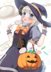  1girl :p artist_name bangs blue_eyes blush bow bowtie breasts candy closed_mouth collar collared_shirt dress eyebrows_visible_through_hair eyes_visible_through_hair food ghost grey_hair grey_shirt halloween hands_up hat highres jack-o&#039;-lantern konpaku_youmu konpaku_youmu_(ghost) lollipop looking_at_viewer medium_breasts puffy_short_sleeves puffy_sleeves pumpkin purple_dress purple_headwear rital shirt short_hair short_sleeves signature smile solo standing star_(symbol) star_tattoo starry_background tattoo tongue tongue_out touhou twitter_username witch_hat wrist_cuffs yellow_bow yellow_bowtie 