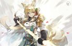  1girl absurdres animal_ear_fluff animal_ears arknights black_gloves breasts dated gloves hair_between_eyes highres holding holding_polearm holding_weapon horse_ears horse_girl horse_tail implied_extra_ears large_breasts long_sleeves looking_at_viewer nearl_(arknights) nearl_the_radiant_knight_(arknights) official_alternate_costume polearm qingfeng_canying shirt solo split_mouth tail upper_body weapon white_background white_shirt yellow_eyes 