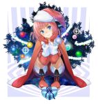  bangs black_ribbon blue_eyes blunt_bangs blush boots box butterfly_hair_ornament cape christmas christmas_ornaments christmas_tree gift gift_box gloves go-toubun_no_hanayome hair_ornament hat heart-shaped_box highres hirokiku long_sleeves looking_at_viewer nakano_nino pink_hair pout red_cape red_shorts ribbon santa_boots santa_costume santa_gloves santa_hat shorts squatting twintails v-shaped_eyebrows 