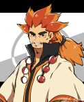 1boy alder_(pokemon) black_eyes bright_pupils commentary_request facial_hair hair_tie jewelry long_hair looking_at_viewer male_focus multicolored_hair necklace orange_hair poke_ball pokemon pokemon_(game) pokemon_bw poncho ponytail popped_collar sanwari_(aruji_yume) smile solo spiked_hair tied_hair two-tone_hair upper_body white_pupils 