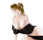  1girl absurdres bangs blonde_hair breasts cloak cloth cowboy_shot earrings egk513 groin hair_over_shoulder highres jewelry large_breasts leaning_forward looking_away medium_hair naked_shawl original profile simple_background solo twintails white_background 