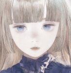  1girl bangs blue_eyes blunt_bangs brown_hair close-up closed_mouth expressionless eyelashes face high_collar highres lips long_hair looking_at_viewer matayoshi original pale_color pale_skin portrait signature solo straight-on straight_hair unfinished 