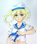  1girl anchor_symbol blonde_hair blue_neckwear blue_sailor_collar collarbone haramin3 hat highres kitashirakawa_chiyuri midriff navel open_fly sailor sailor_collar sailor_hat shirt short_hair short_sleeves shorts simple_background smile solo touhou touhou_(pc-98) traditional_media twintails uniform upper_body v-shaped_eyebrows white_background white_headwear white_shirt white_shorts yellow_eyes 