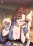  1girl bangs blush breasts brown_hair choko_(cup) chopsticks cleavage collarbone commission cup eyebrows_visible_through_hair glasses green_eyes hand_on_own_cheek hand_on_own_face highres holding holding_cup japanese_clothes kimono makishima_azusa medium_breasts muvluv parted_bangs sakaki_chizuru skeb_commission smile solo sunlight 