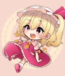  1girl blonde_hair chibi crystal flandre_scarlet frills hat hat_ribbon laspberry. mob_cap open_mouth puffy_short_sleeves puffy_sleeves red_eyes red_footwear red_skirt red_vest ribbon shirt short_sleeves side_ponytail skirt skirt_set solo touhou vest white_shirt wings yellow_neckwear 