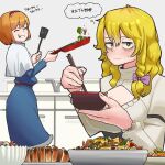  2girls alice_margatroid bad_id bad_twitter_id bags_under_eyes bangs blonde_hair blue_dress bow bowl braid bread breasts capelet chopsticks cigarette cleavage cleavage_cutout closed_eyes closed_mouth clothing_cutout collared_capelet commentary_request cookie_(touhou) cooking dress eating eyebrows_visible_through_hair food frilled_hairband frills frying_pan green_eyes grin hair_between_eyes hair_bow hairband holding holding_bowl holding_chopsticks holding_frying_pan holding_spatula juliet_sleeves kirisame_marisa large_breasts light_brown_hair long_hair long_sleeves looking_at_viewer mars_(cookie) multiple_girls mushroom no_hat no_headwear ohasi plate puffy_sleeves purple_bow red_hairband red_sash sash shirt short_hair side_braid single_braid sink smile smoking spatula taisa_(cookie) thought_bubble touhou translated upper_body white_capelet white_shirt 