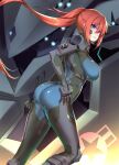  1girl ass bangs blue_eyes bodysuit breasts commission extra_eyes f-22a_raptor_(muvluv) floating_hair fortified_suit from_side glowing glowing_eyes hand_on_hip highres impossible_bodysuit impossible_clothes large_breasts long_hair makishima_azusa mecha muvluv muvluv_alternative orange_hair original parted_lips pilot_suit skeb_commission solo tactical_surface_fighter 