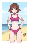  1girl :d adapted_costume bangs bare_arms beach bikini bob_cut border brown_eyes brown_hair buttons choker cloud collarbone commentary day dwebble eyelashes gloria_(pokemon) highres looking_to_the_side milka_(milk4ppl) navel open_mouth outdoors outside_border pink_choker pokemon pokemon_(creature) pokemon_(game) pokemon_swsh purple_bikini sand shore short_hair signature sky smile sparkle standing swimsuit teeth tongue upper_teeth water white_border 