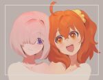  2girls ahoge bangs blush breasts collarbone fate/grand_order fate_(series) fujimaru_ritsuka_(female) galibo hair_over_one_eye light_purple_hair looking_at_another looking_to_the_side mash_kyrielight multiple_girls one_side_up open_mouth orange_eyes orange_hair purple_eyes short_hair smile 