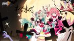  2girls :d absurdres artist_request bangs bare_shoulders bat black_dress black_gloves blue_eyes blue_hair dress food full_moon ghost glass gloves graveyard halloween halloween_costume highres holding holding_tray honkai_(series) honkai_impact_3rd horns ice_cream liliya_olenyeva long_hair looking_at_viewer maid moon multiple_girls night night_sky official_art one_eye_closed open_mouth pink_hair rozaliya_olenyeva shirt siblings single_horn sky smile sundae tray twins white_shirt 