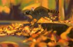  animal animal_focus autumn_leaves blurry blurry_background leaf mouse no_humans original outdoors raccoon riding sketch snatti tail tree 