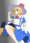  1girl apron blonde_hair blue_dress blue_eyes dress elbow_gloves feet_out_of_frame frilled_apron frills gloves gradient gradient_background haramin3 hat hat_ribbon highres holding holding_clothes holding_hat kana_anaberal legs puffy_short_sleeves puffy_sleeves ribbon short_hair short_sleeves socks solo sun_hat touhou touhou_(pc-98) white_apron white_gloves white_headwear white_legwear 