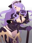  1girl armor armored_dress axe black_armor black_capelet black_panties blush breasts camilla_(fire_emblem) capelet cleavage do_m_kaeru eyebrows_visible_through_hair finger_to_mouth fire_emblem fire_emblem_fates gloves gradient gradient_background grey_background hair_ornament hair_over_one_eye holding holding_axe holding_weapon large_breasts lips long_hair looking_at_viewer one_eye_covered open_mouth panties parted_lips purple_eyes purple_gloves purple_hair seductive_smile sidelocks smile solo tiara two-tone_background underwear very_long_hair wavy_hair weapon white_background 