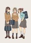  3girls ^_^ absurdres artist_name bag black_hair brown_eyes brown_hair cellphone closed_eyes full_body highres holding holding_phone kojiro337 long_hair looking_at_phone miniskirt multiple_girls original phone school_bag short_hair short_ponytail simple_background skirt smartphone smile standing 